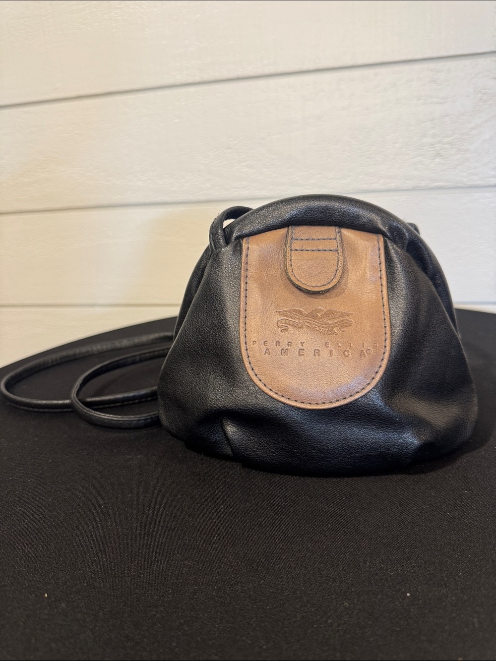 VINTAGE PERRY ELLIS Small Black & Brown Leather Crossbody Bag